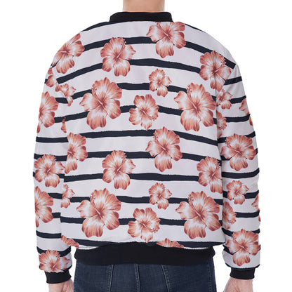 Pink Hibiscus Striped Pattern Print Zip Sleeve Bomber Jacket