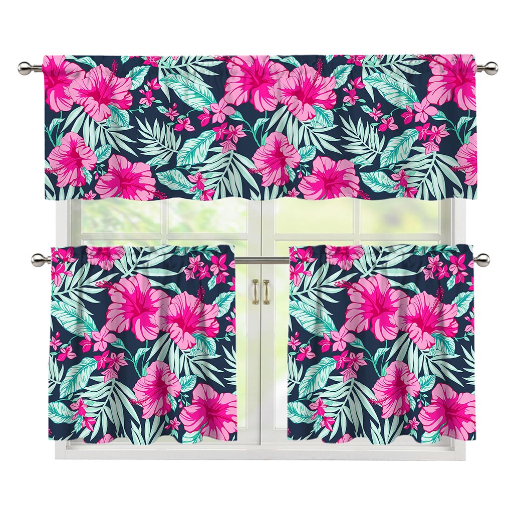 Pink Hibiscus Tropical Pattern Print 3 Piece Kitchen Curtains