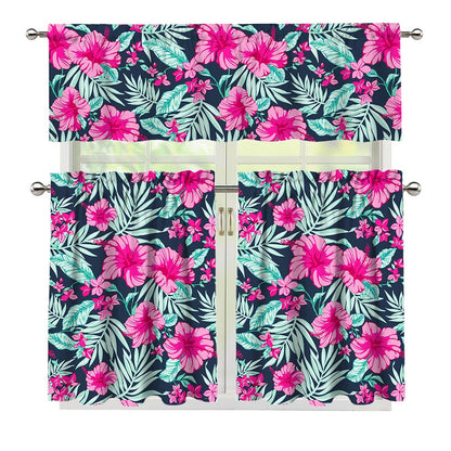 Pink Hibiscus Tropical Pattern Print 3 Piece Kitchen Curtains