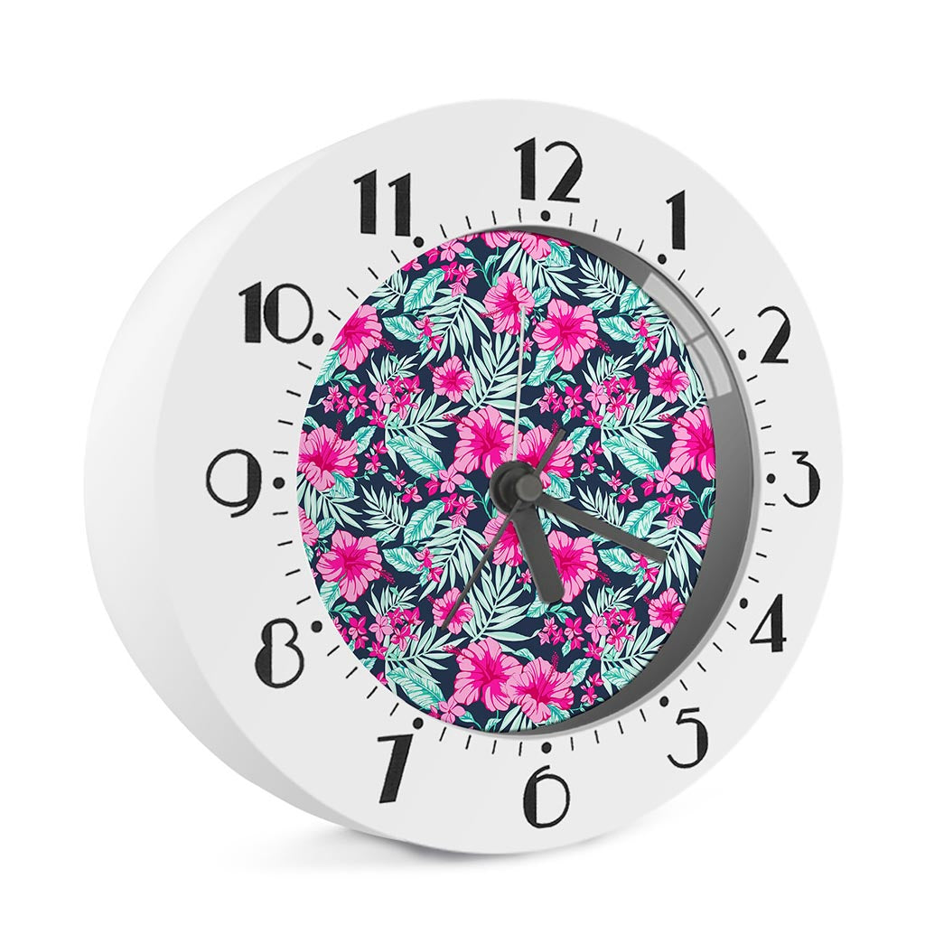 Pink Hibiscus Tropical Pattern Print Alarm Clock
