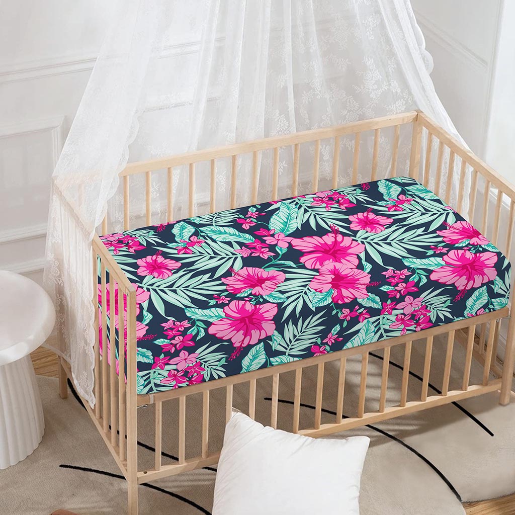 Pink Hibiscus Tropical Pattern Print Baby Crib Sheet