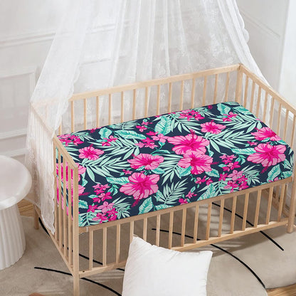Pink Hibiscus Tropical Pattern Print Baby Crib Sheet