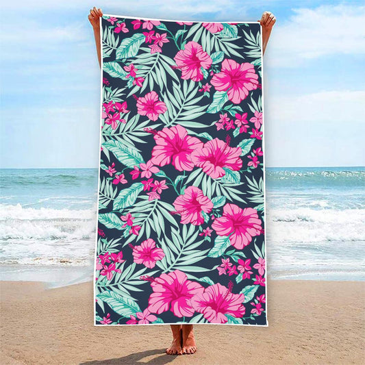 Pink Hibiscus Tropical Pattern Print Beach Towel
