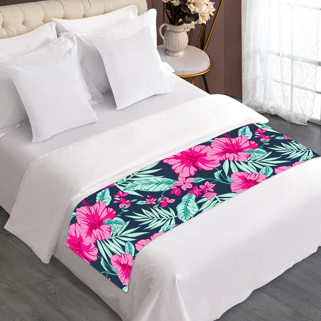 Pink Hibiscus Tropical Pattern Print Bed Runner