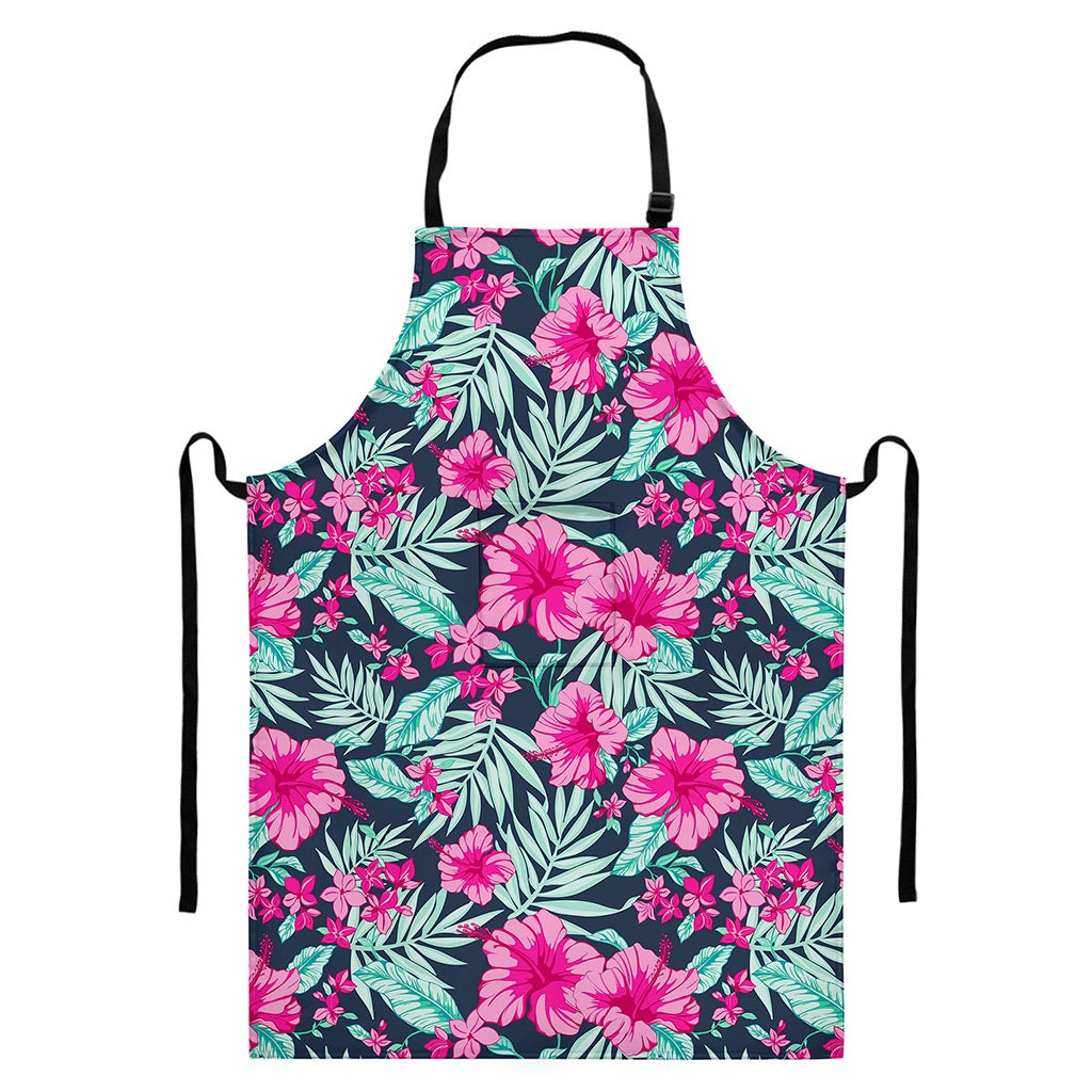 Pink Hibiscus Tropical Pattern Print Bib Apron With Pocket