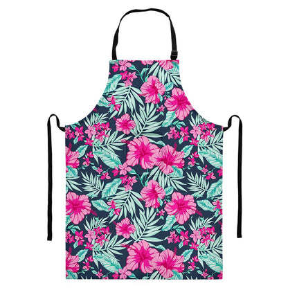 Pink Hibiscus Tropical Pattern Print Bib Apron With Pocket
