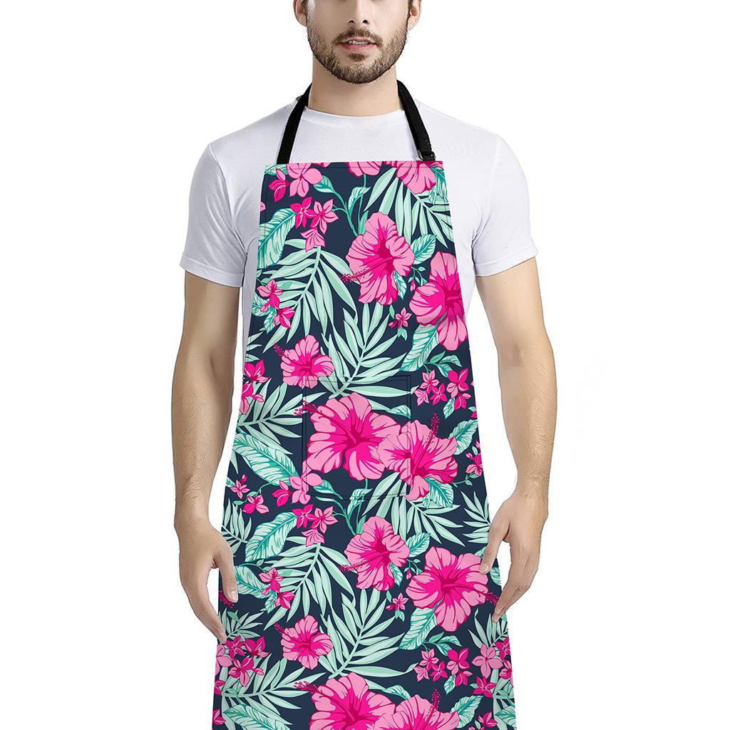 Pink Hibiscus Tropical Pattern Print Bib Apron With Pocket