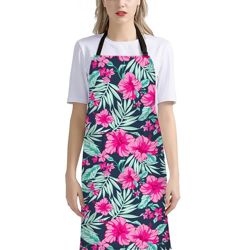 Pink Hibiscus Tropical Pattern Print Bib Apron With Pocket