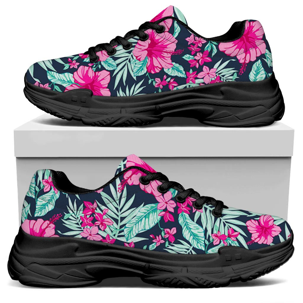 Pink Hibiscus Tropical Pattern Print Black Chunky Shoes