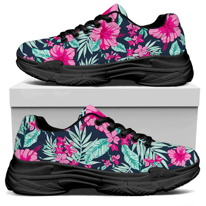 Pink Hibiscus Tropical Pattern Print Black Chunky Shoes