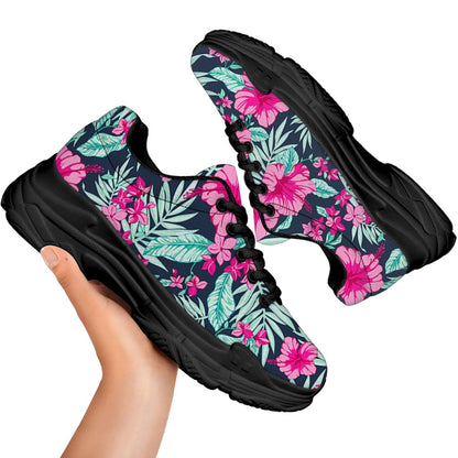 Pink Hibiscus Tropical Pattern Print Black Chunky Shoes