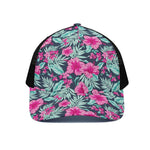 Pink Hibiscus Tropical Pattern Print Black Mesh Trucker Cap