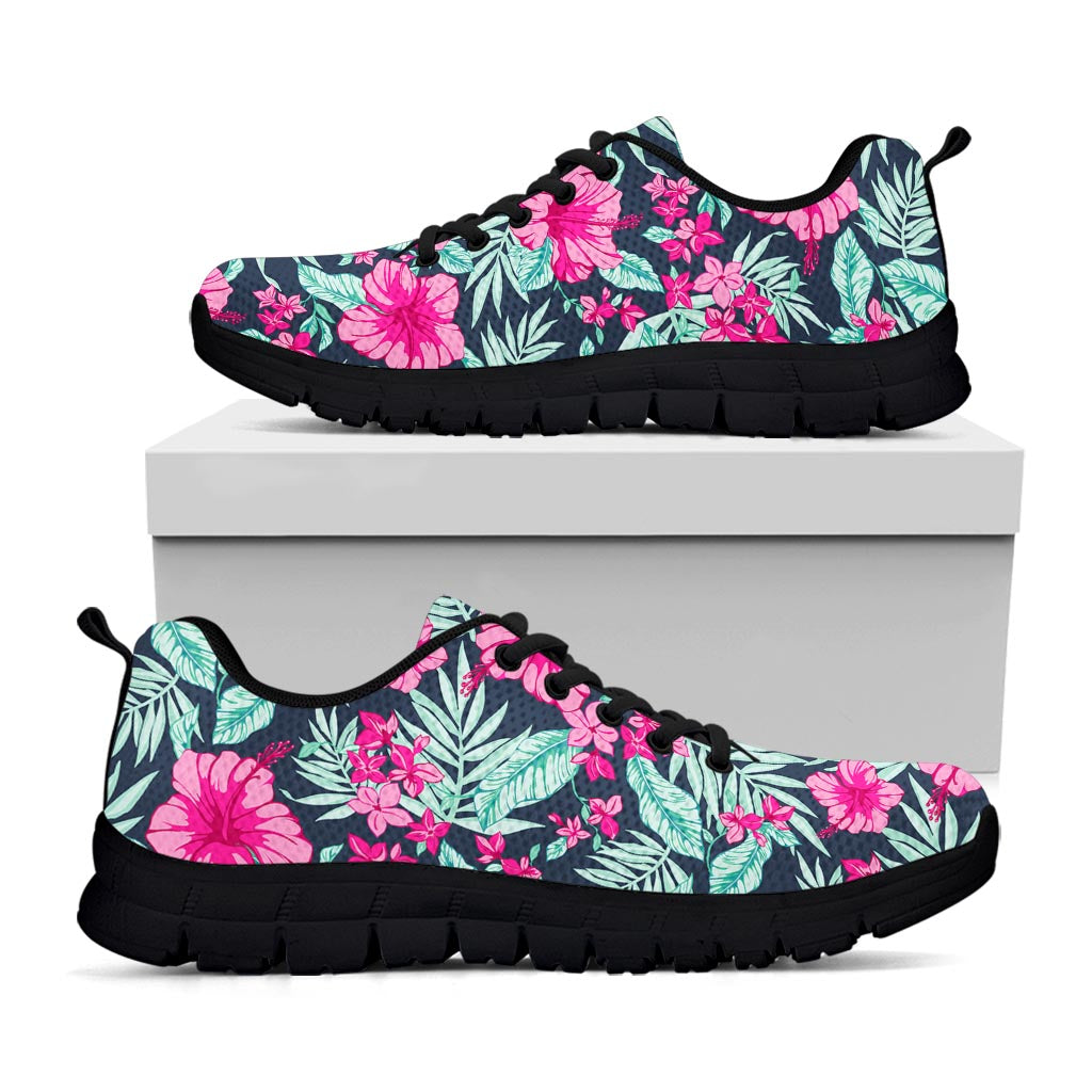 Pink Hibiscus Tropical Pattern Print Black Running Shoes