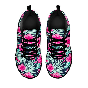 Pink Hibiscus Tropical Pattern Print Black Running Shoes