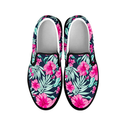 Pink Hibiscus Tropical Pattern Print Black Slip On Sneakers