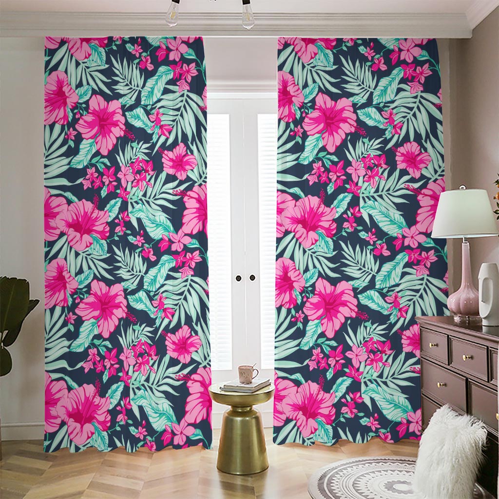 Pink Hibiscus Tropical Pattern Print Blackout Pencil Pleat Curtains