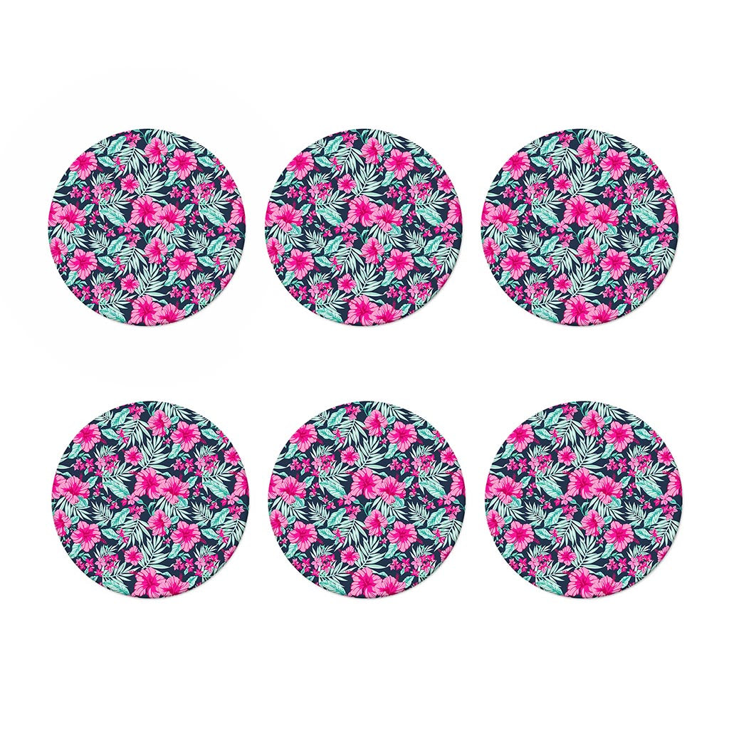 Pink Hibiscus Tropical Pattern Print Coaster Set