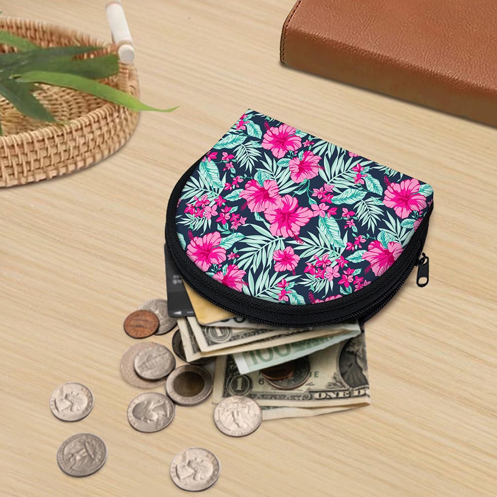 Pink Hibiscus Tropical Pattern Print Coin Purse