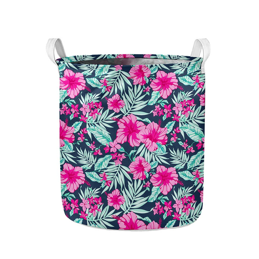 Pink Hibiscus Tropical Pattern Print Collapsible Laundry Basket