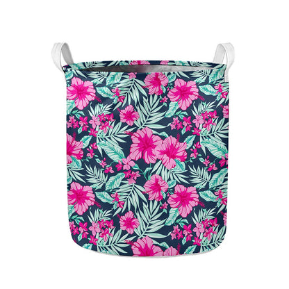 Pink Hibiscus Tropical Pattern Print Collapsible Laundry Basket