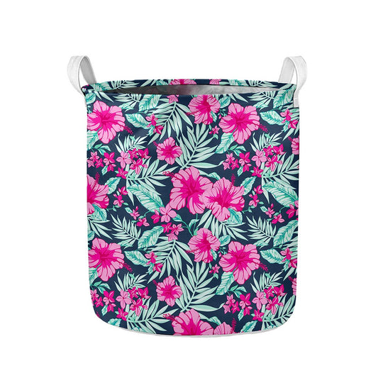 Pink Hibiscus Tropical Pattern Print Collapsible Laundry Basket
