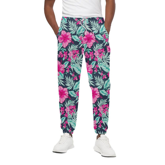 Pink Hibiscus Tropical Pattern Print Cotton Pants