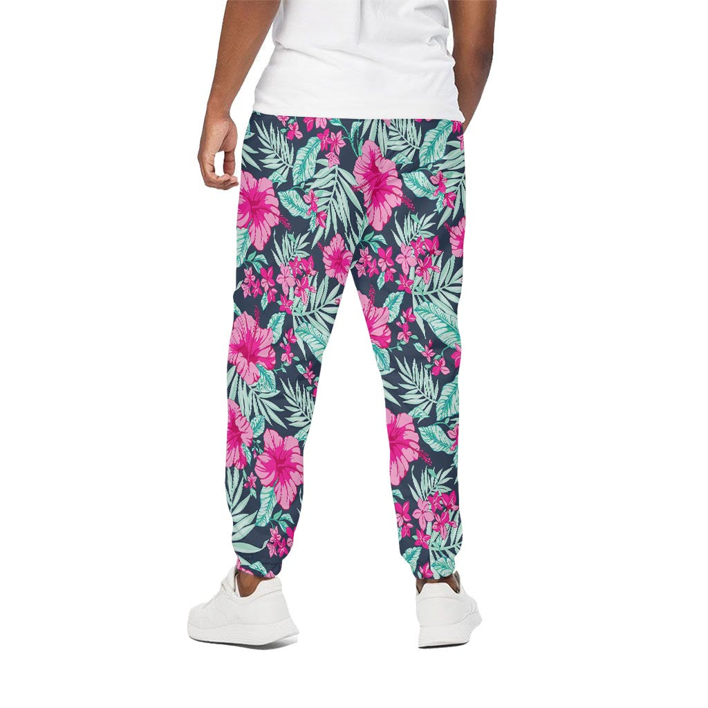 Pink Hibiscus Tropical Pattern Print Cotton Pants