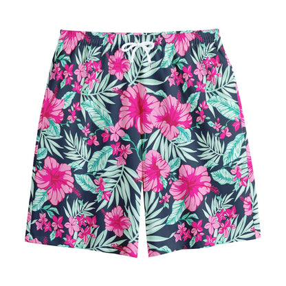 Pink Hibiscus Tropical Pattern Print Cotton Shorts
