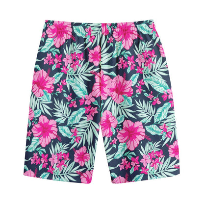 Pink Hibiscus Tropical Pattern Print Cotton Shorts