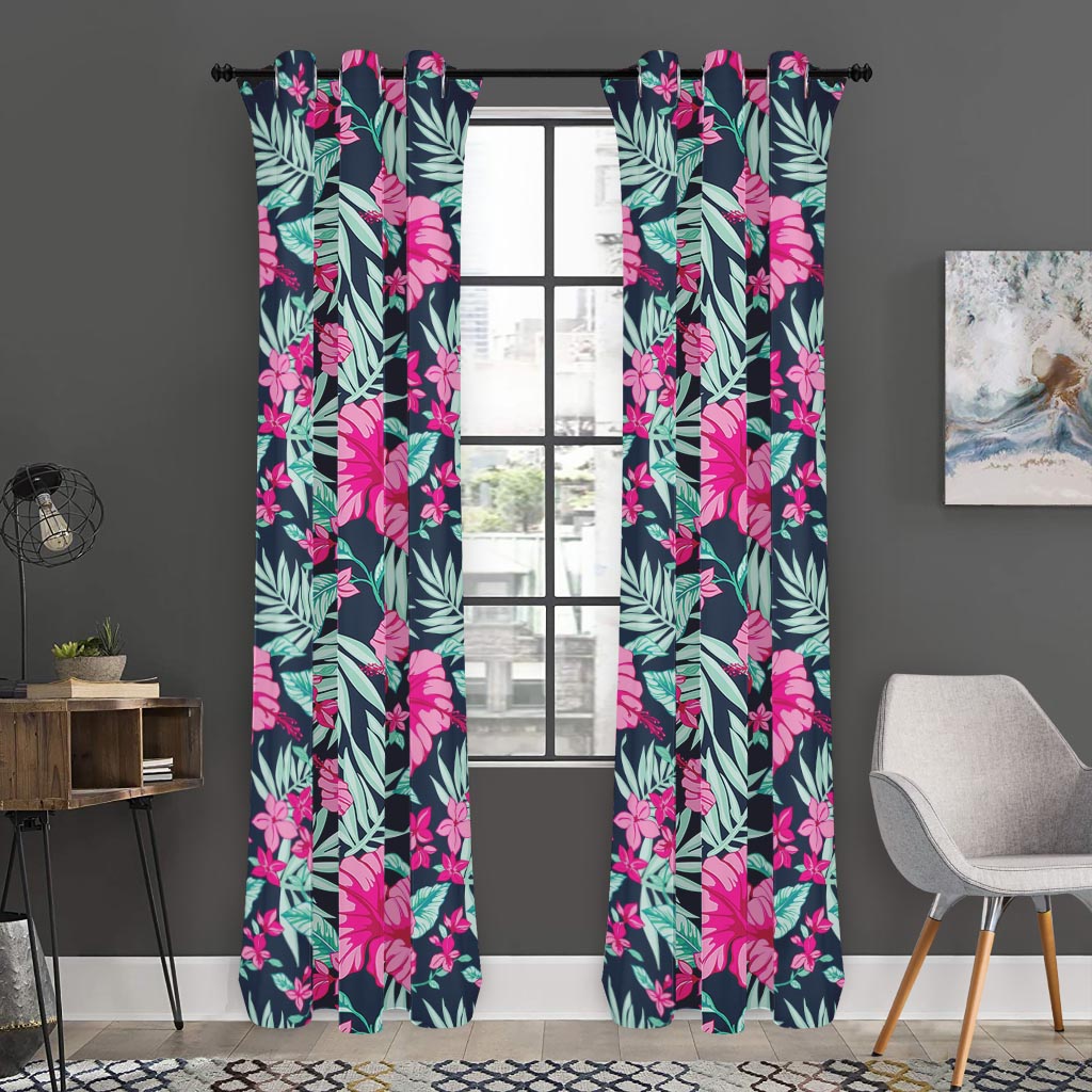Pink Hibiscus Tropical Pattern Print Curtain