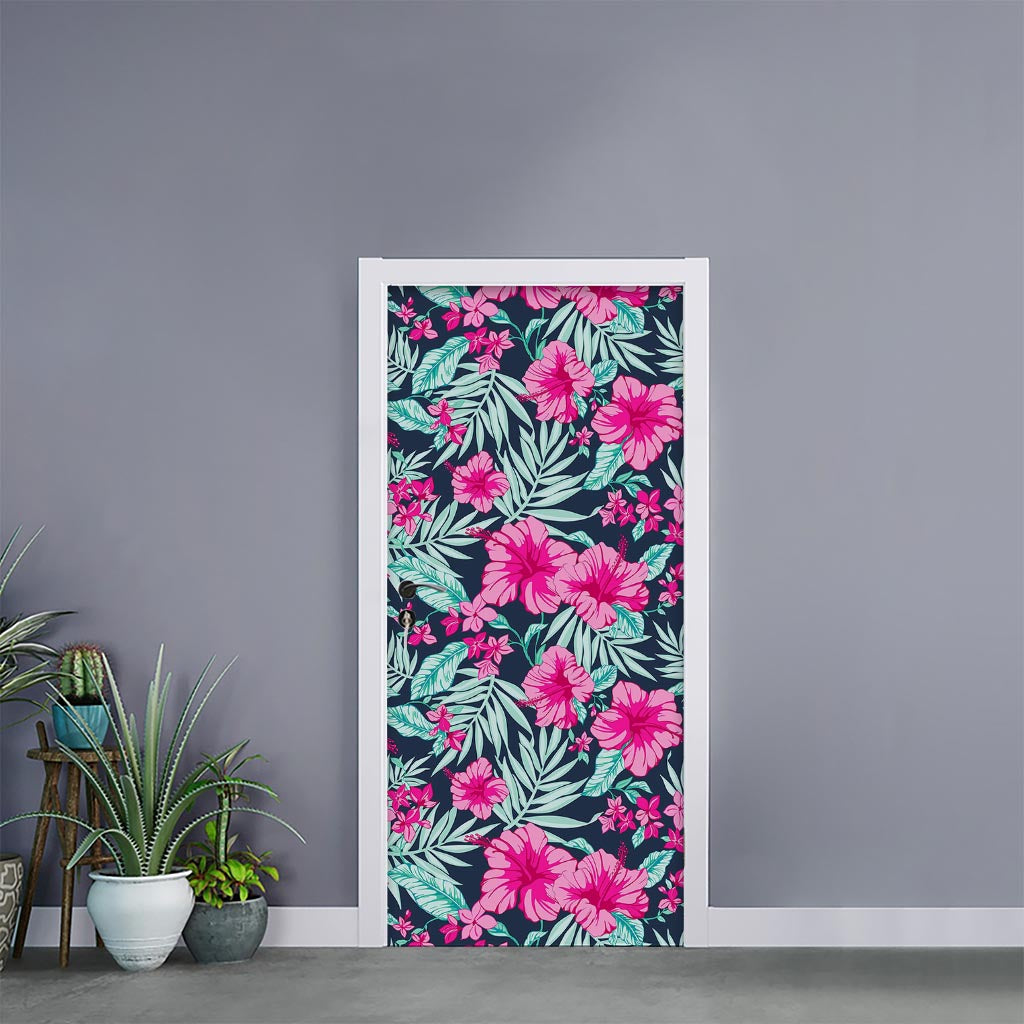 Pink Hibiscus Tropical Pattern Print Door Sticker