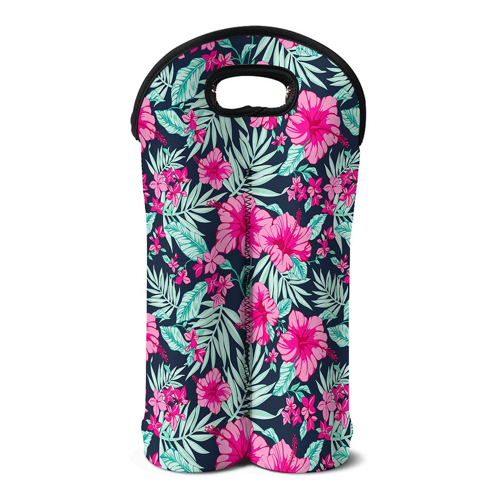 Pink Hibiscus Tropical Pattern Print Double Neoprene Wine Tote