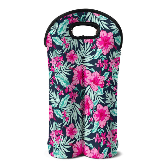 Pink Hibiscus Tropical Pattern Print Double Neoprene Wine Tote
