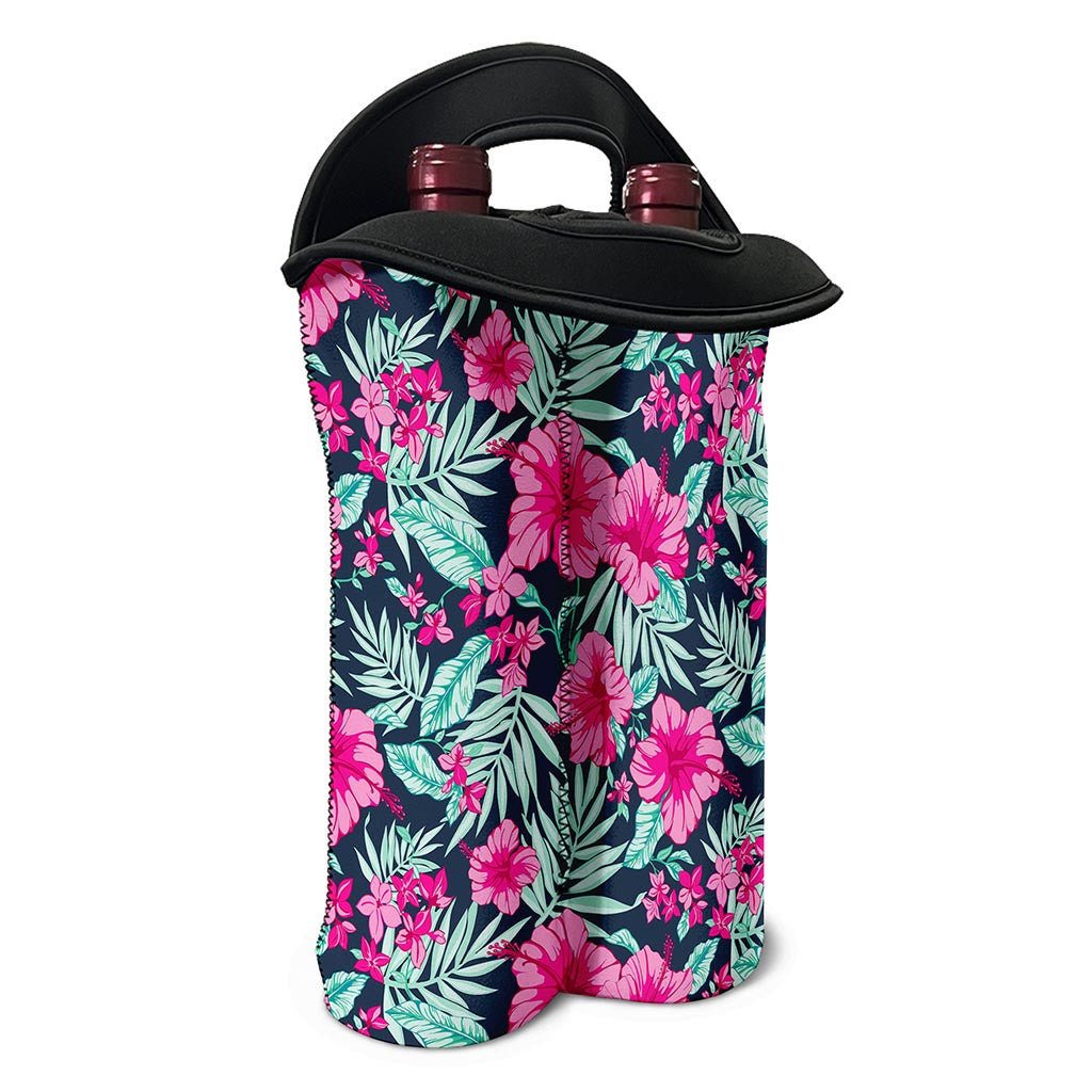 Pink Hibiscus Tropical Pattern Print Double Neoprene Wine Tote