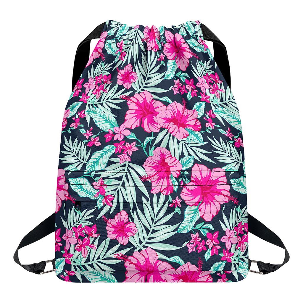 Pink Hibiscus Tropical Pattern Print Drawstring Backpack