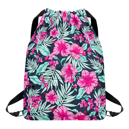 Pink Hibiscus Tropical Pattern Print Drawstring Backpack