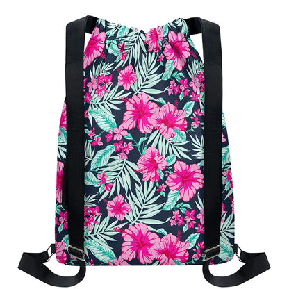 Pink Hibiscus Tropical Pattern Print Drawstring Backpack