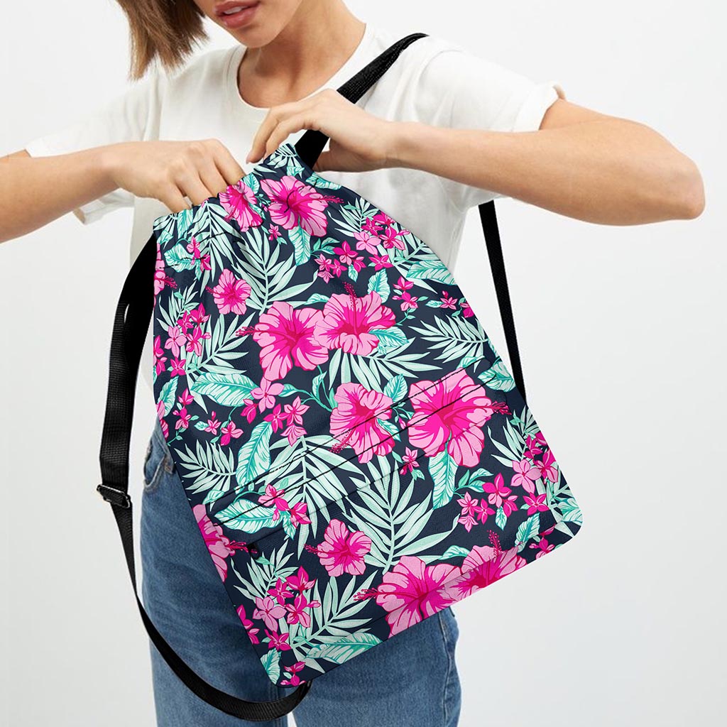Pink Hibiscus Tropical Pattern Print Drawstring Backpack