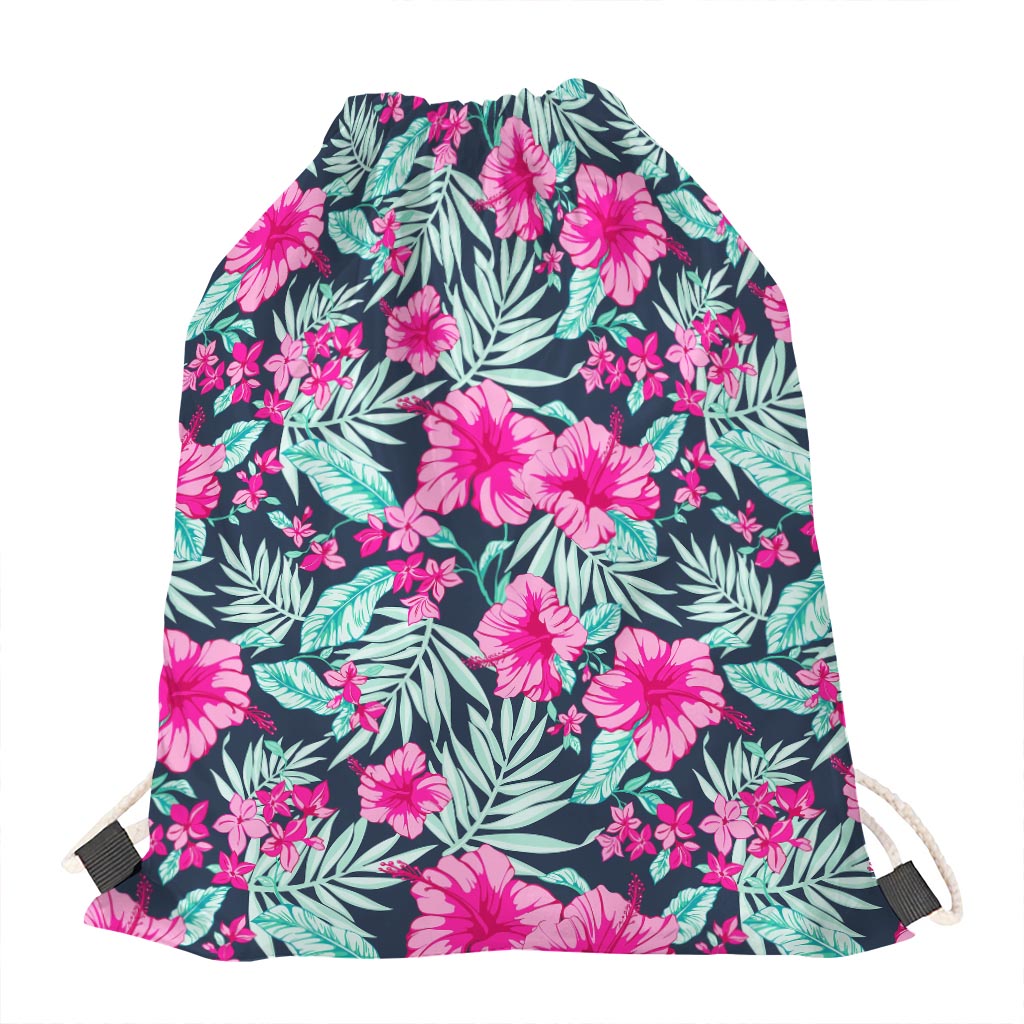 Pink Hibiscus Tropical Pattern Print Drawstring Bag
