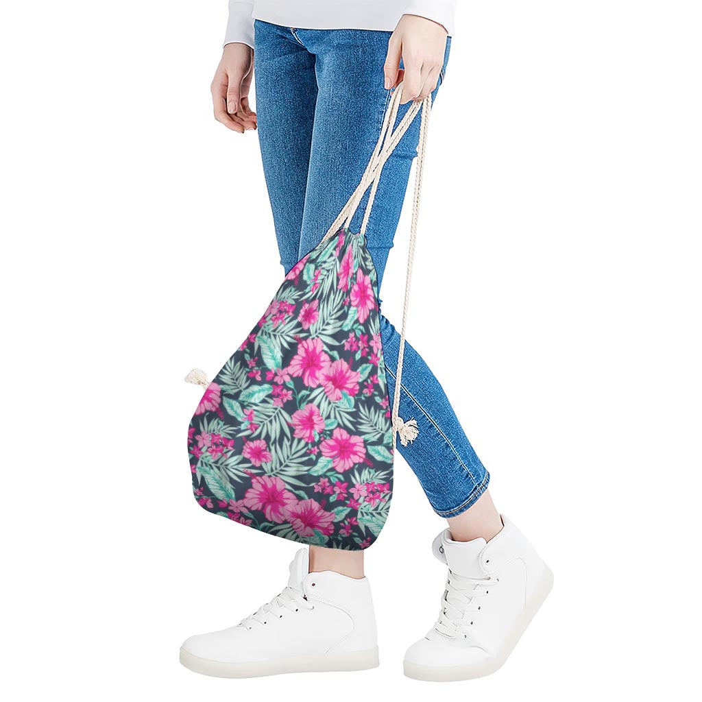Pink Hibiscus Tropical Pattern Print Drawstring Bag