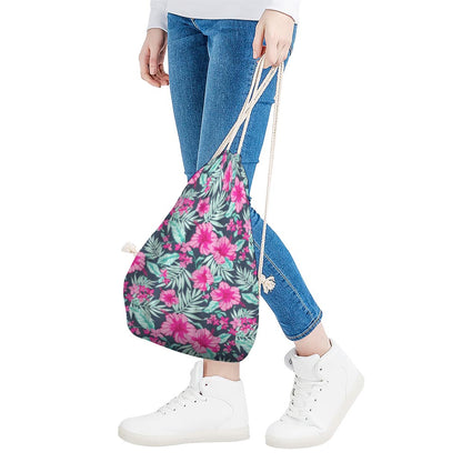 Pink Hibiscus Tropical Pattern Print Drawstring Bag