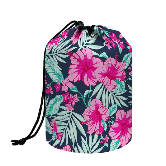 Pink Hibiscus Tropical Pattern Print Drawstring Makeup Bag
