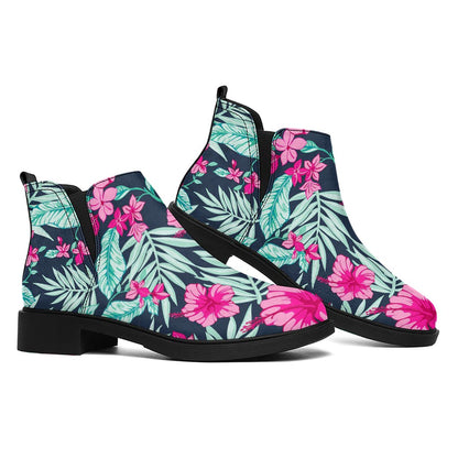 Pink Hibiscus Tropical Pattern Print Flat Ankle Boots