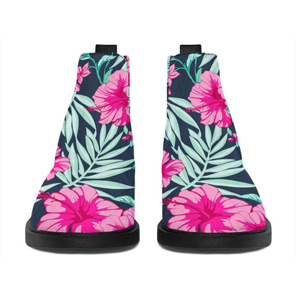 Pink Hibiscus Tropical Pattern Print Flat Ankle Boots