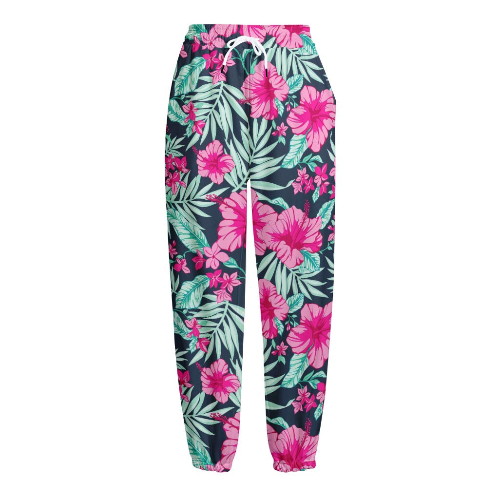 Pink Hibiscus Tropical Pattern Print Fleece Lined Knit Pants