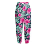 Pink Hibiscus Tropical Pattern Print Fleece Lined Knit Pants
