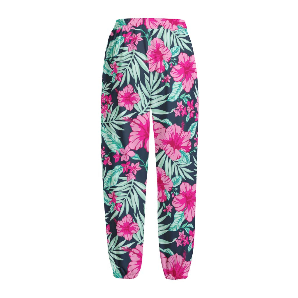Pink Hibiscus Tropical Pattern Print Fleece Lined Knit Pants