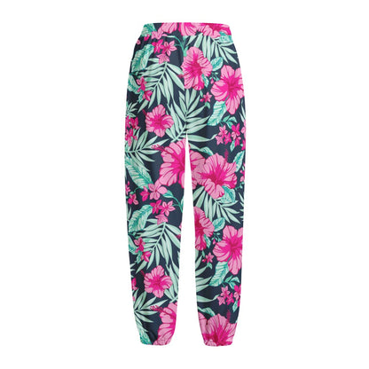 Pink Hibiscus Tropical Pattern Print Fleece Lined Knit Pants