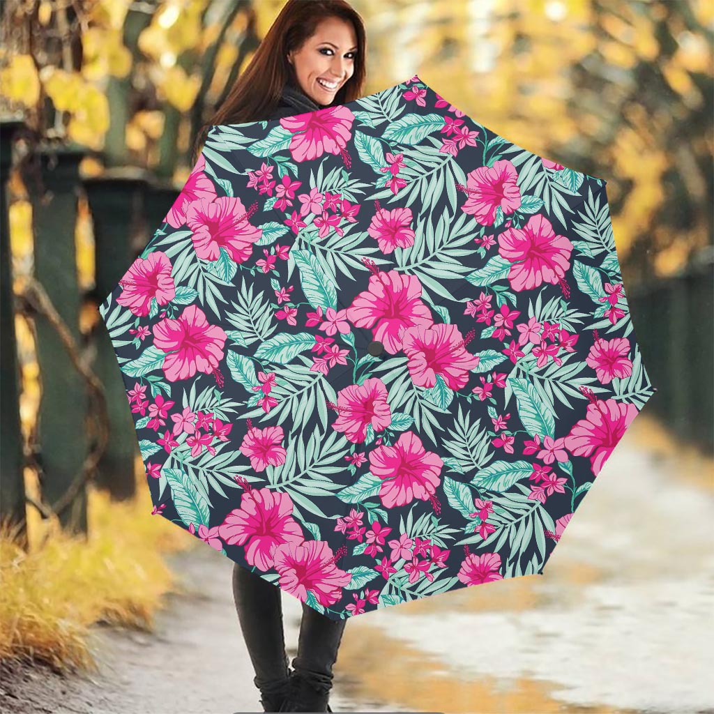 Pink Hibiscus Tropical Pattern Print Foldable Umbrella