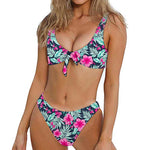 Pink Hibiscus Tropical Pattern Print Front Bow Tie Bikini